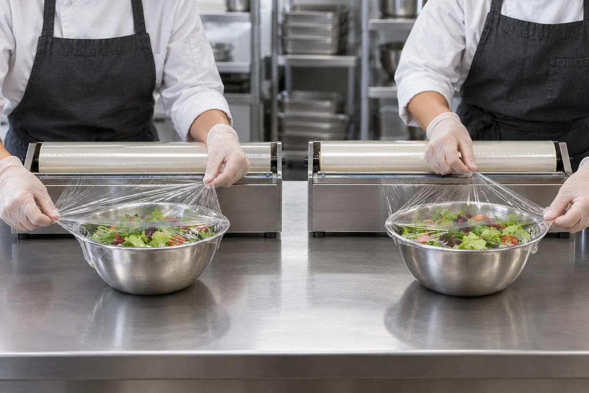 Matched commercial cling film samples being tried on two dispensers with identical bowls