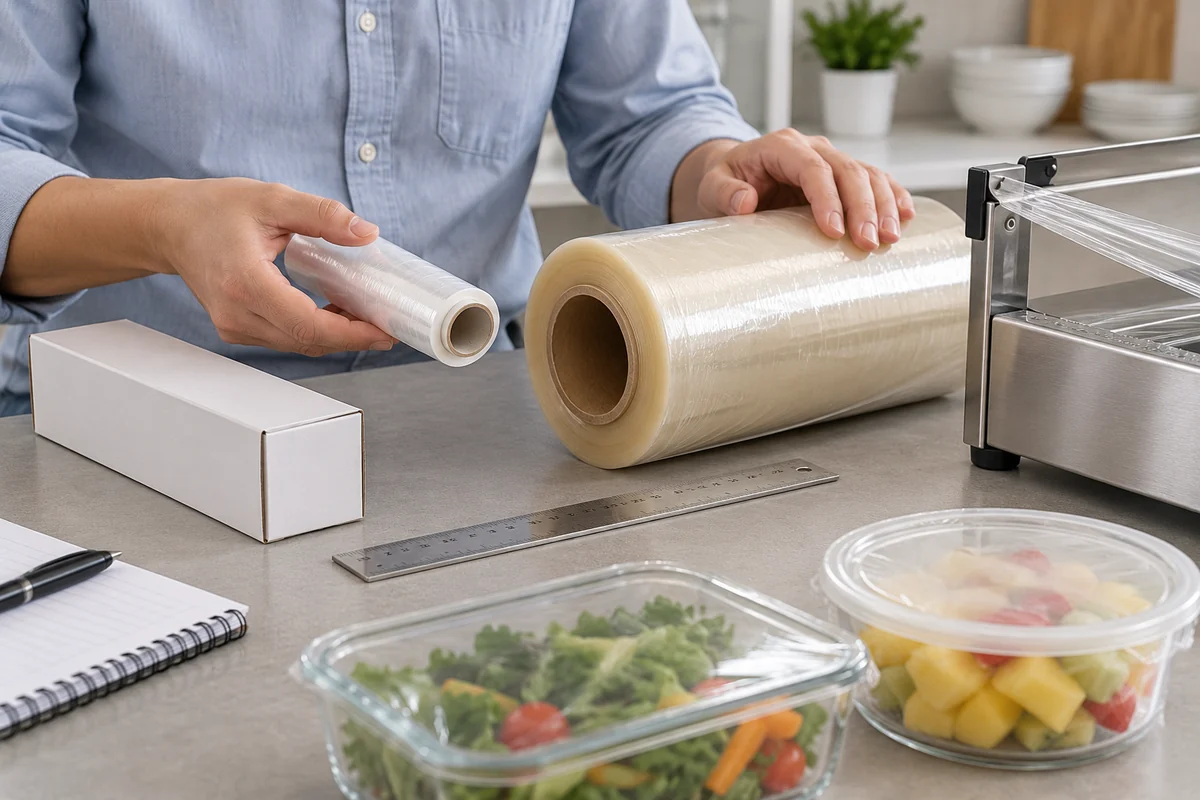 Household and commercial cling film roll formats being checked at a distributor sample counter