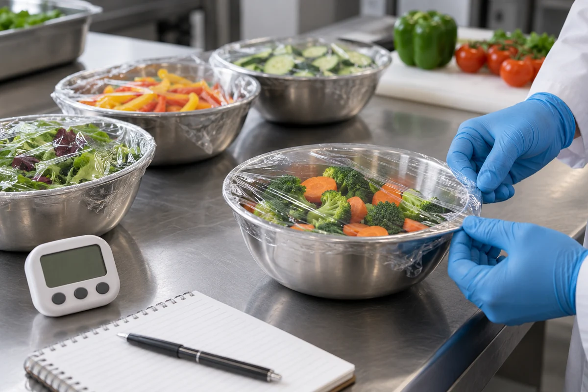 Operator checking film edge fit on matched wrapped bowls beside a timer and trial log