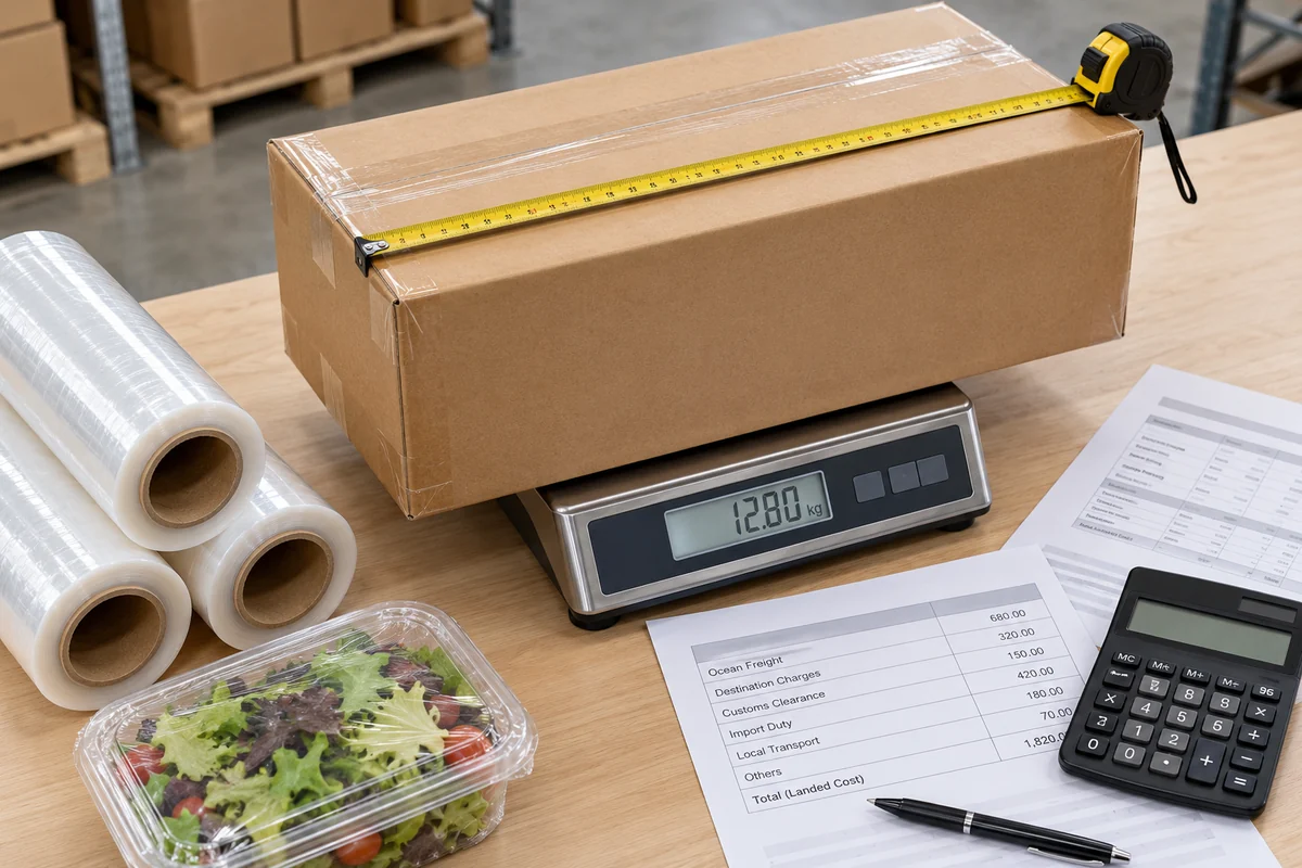 Export carton measurements, scale and freight paperwork used to collect cling film shipping inputs