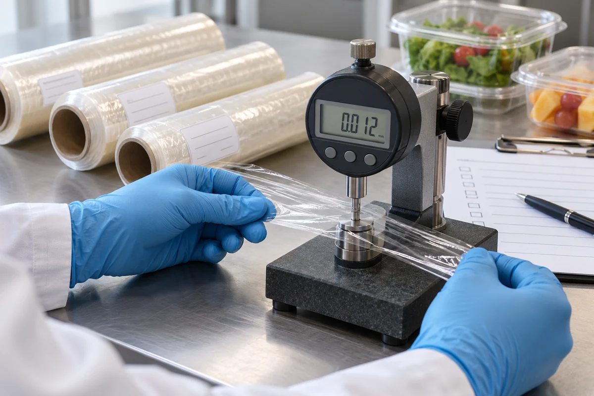 Thickness-gauge inspection of a transparent food cling film sample on a quality-control bench