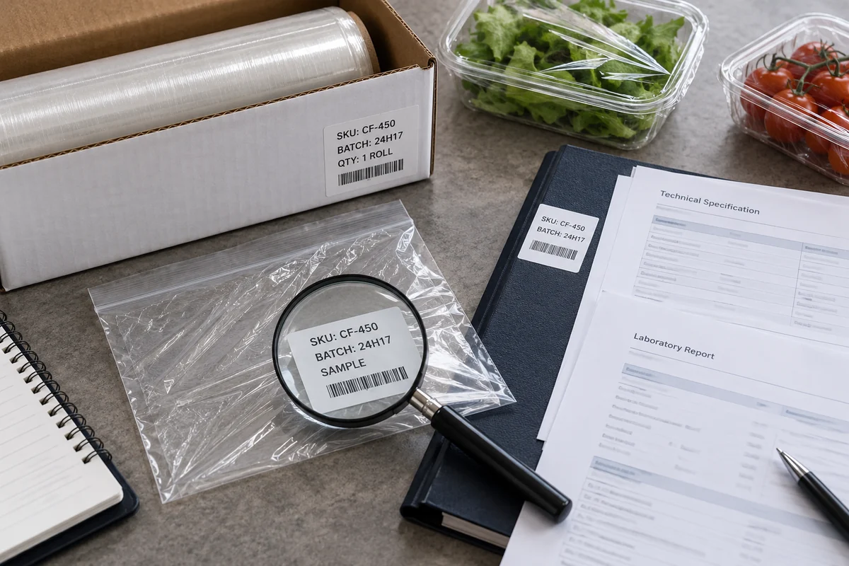 Film sample, lot tags and technical-file documents arranged for product-to-document matching