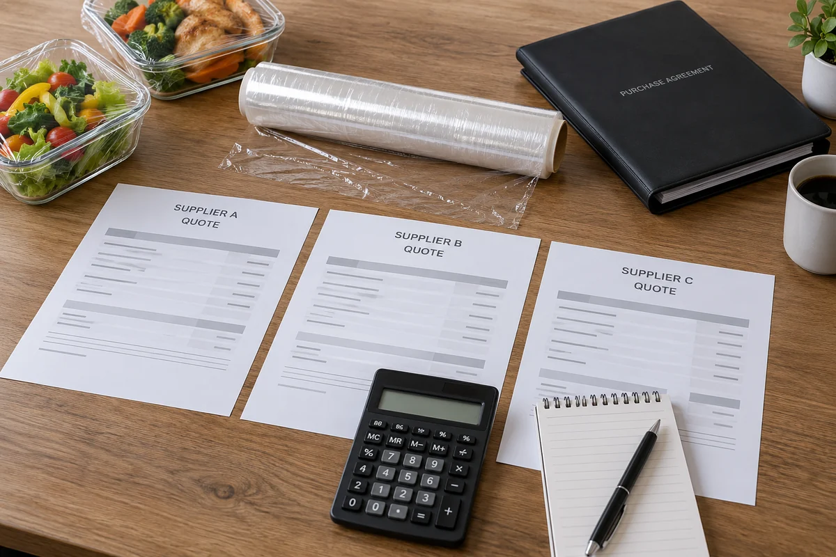 Matched cling film sample roll, supplier quotations and a calculator on a procurement desk