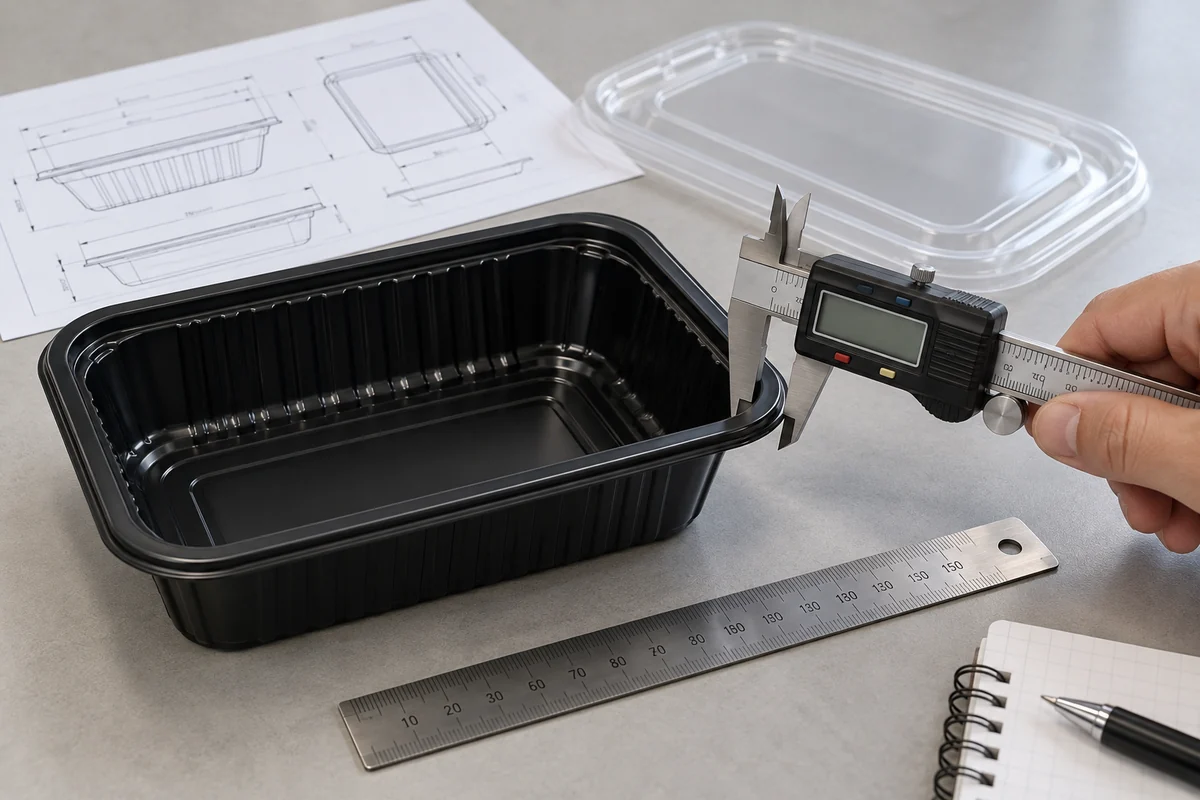 Caliper measuring a food tray rim beside its matching lid and sample specification drawing