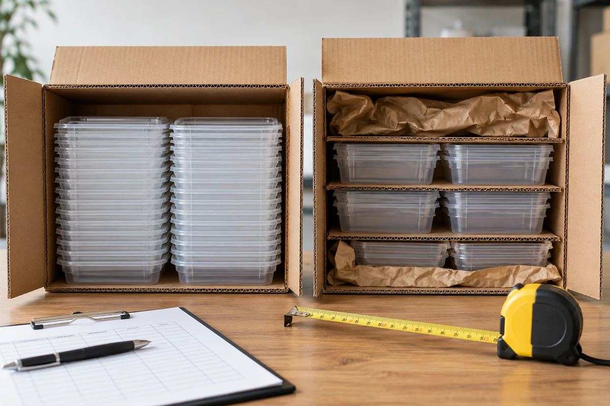 Two shipping cartons comparing nested food tray arrangements and unused carton headspace