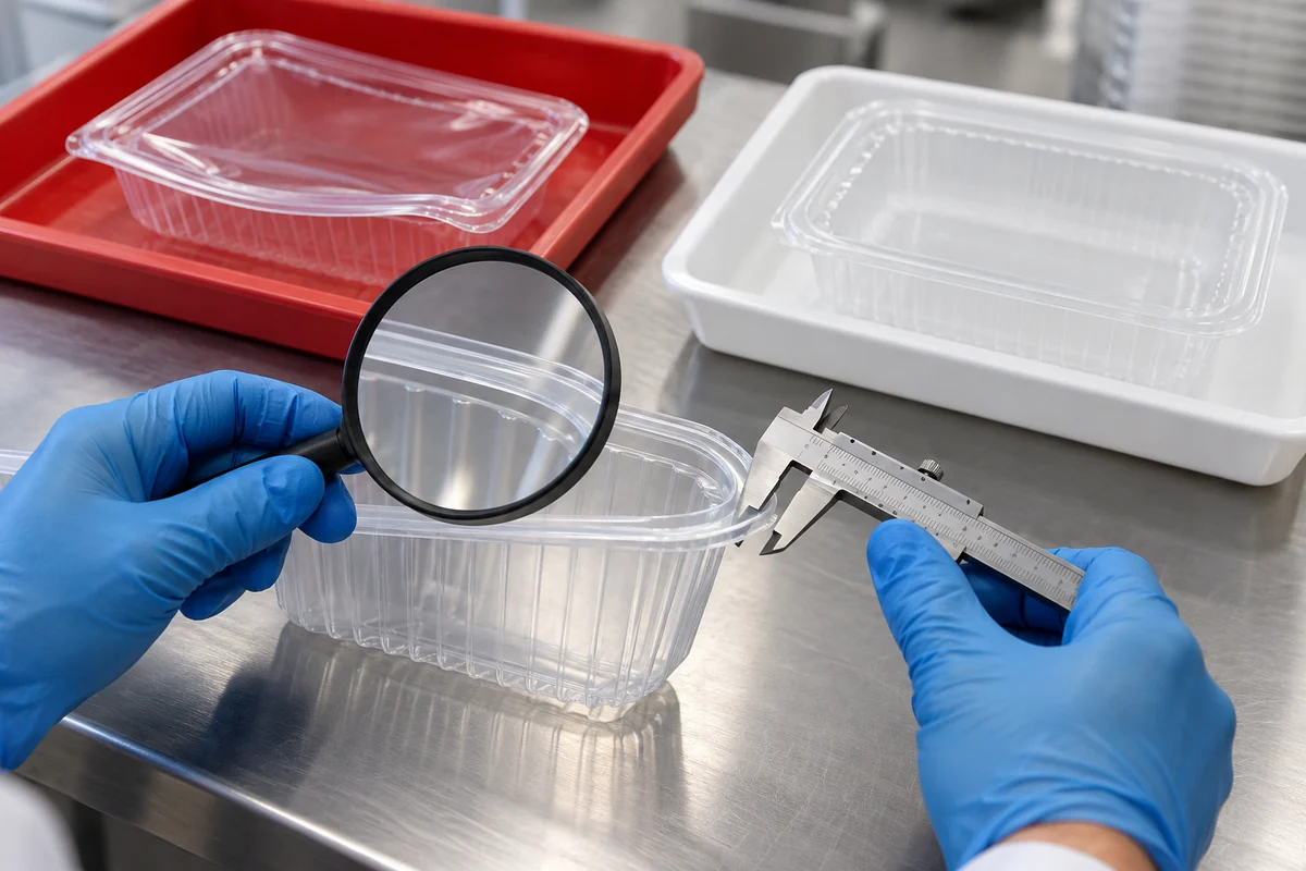 Inspection of a food tray rim with a magnifier beside separate accepted and rejected lid samples
