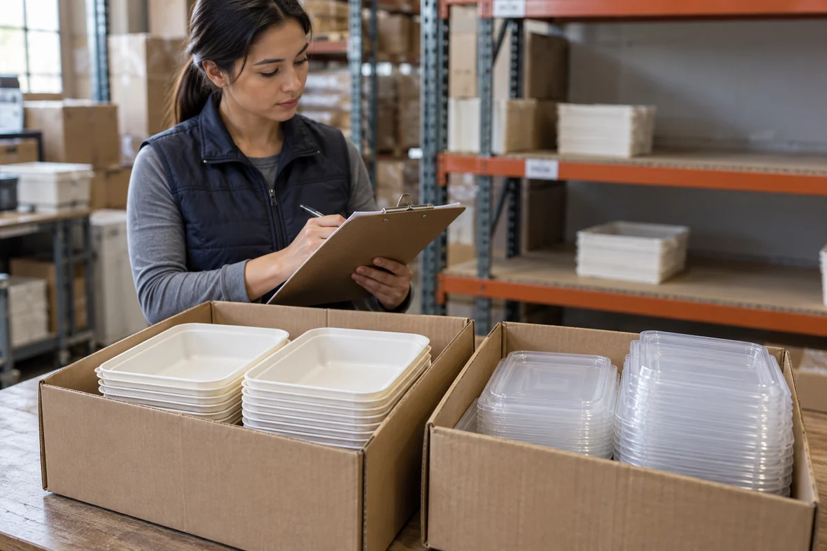 Warehouse stock check of nested food trays and their separately packed matching lids