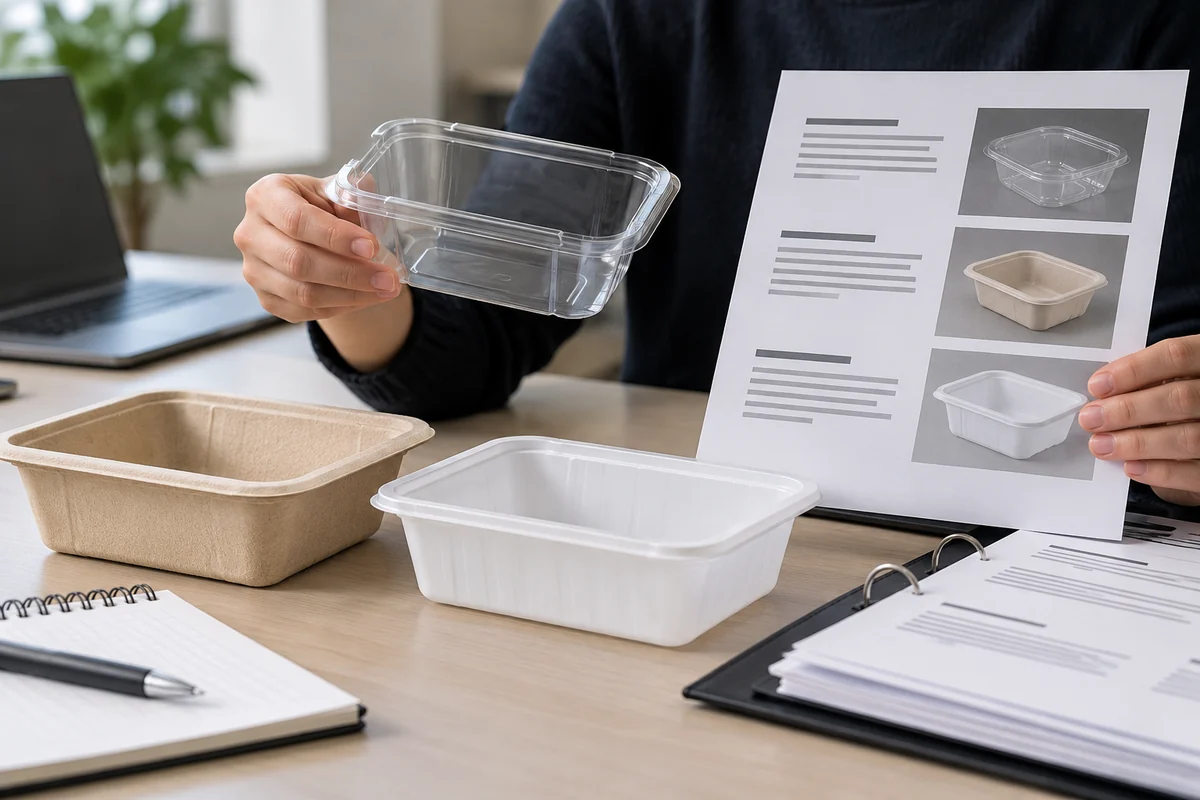 Buyer reviewing evidence folders beside clear plastic, polypropylene and molded fiber food container samples