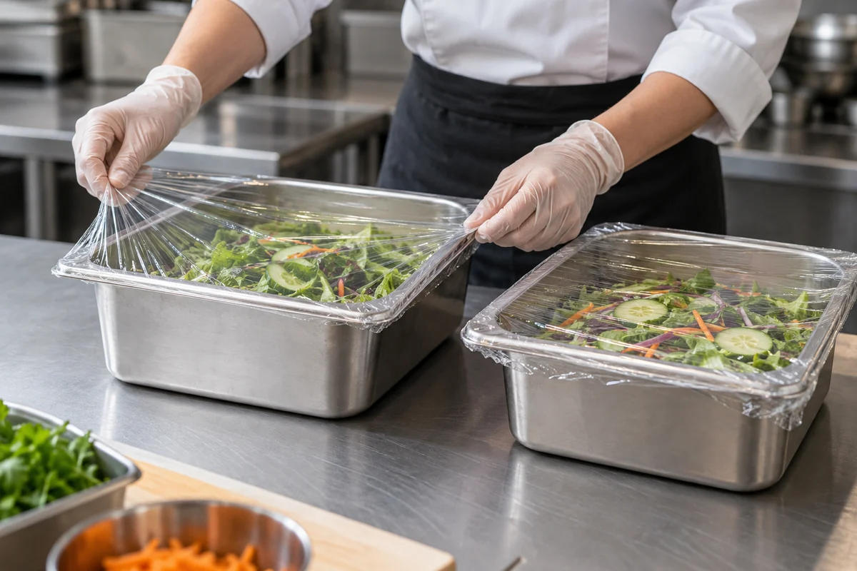 Gloved operator trying two transparent film samples on matched ingredient pans in a commercial kitchen