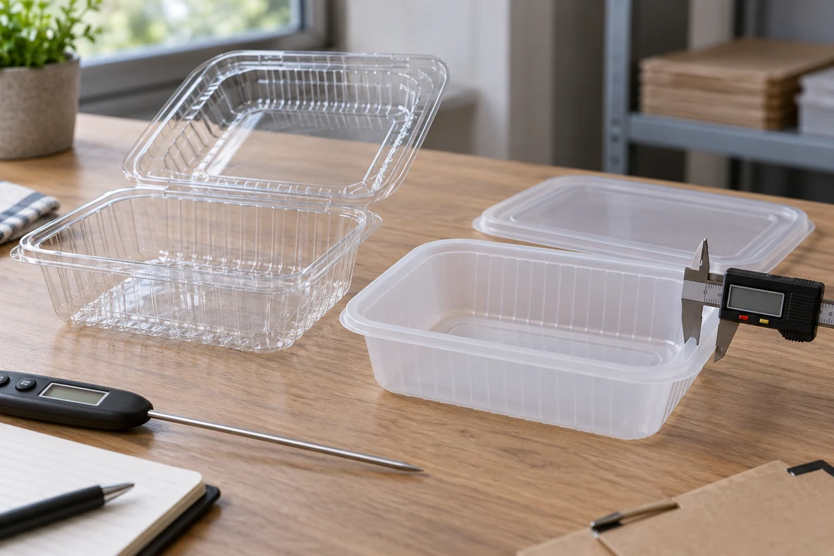 Empty PET and PP food container samples with separate lids and a caliper checking the tray rim