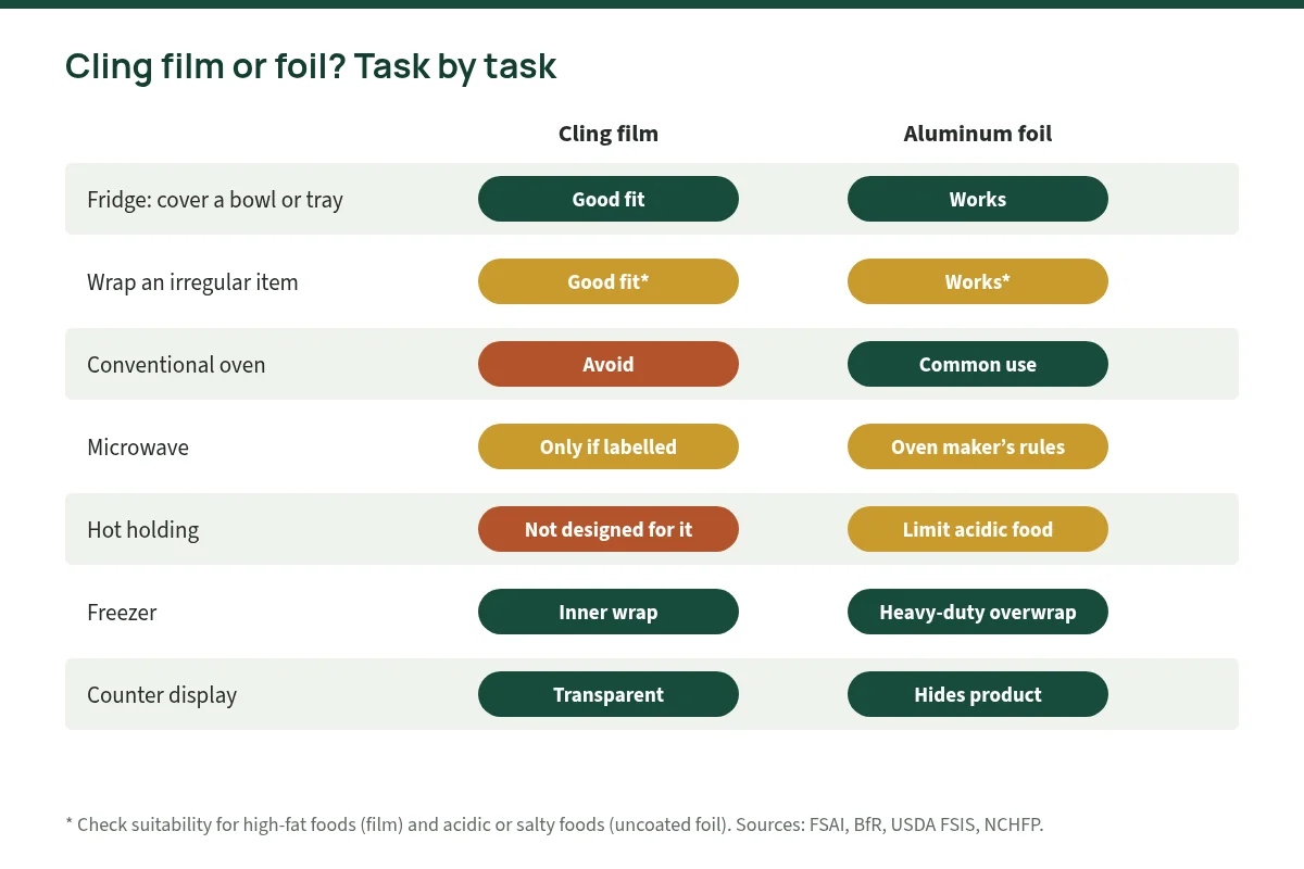 Matrix showing which kitchen tasks suit cling film, aluminum foil or both