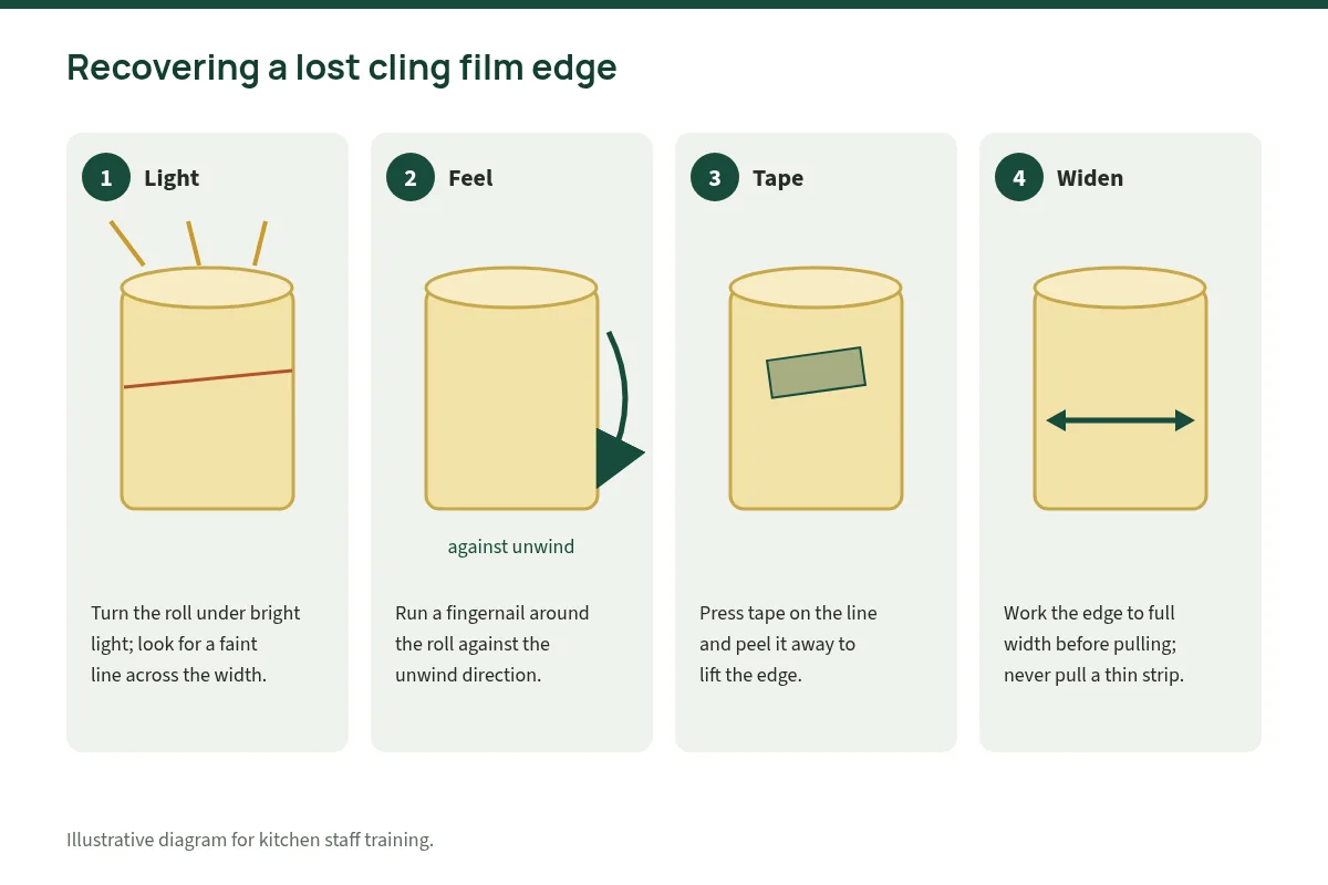 Step diagram: light to spot the edge, fingernail against the unwind direction, tape to lift, then widen to full width