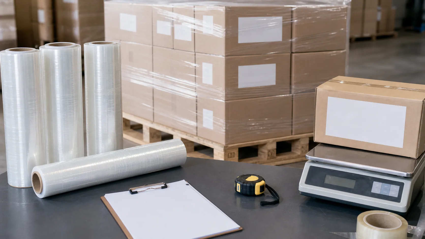 cling film export cartons on pallet with roll samples carton labels tape measure gross weight scale and loading checklist