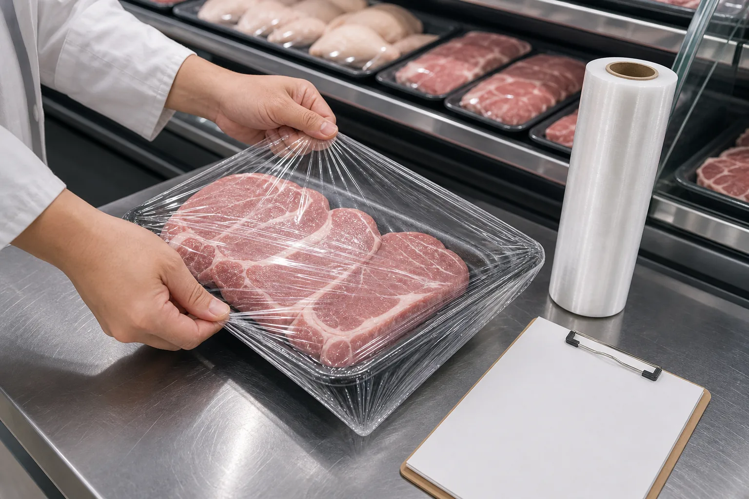 meat tray fresh wrap sample test showing stretch corner coverage edge hold and refrigerated display lighting