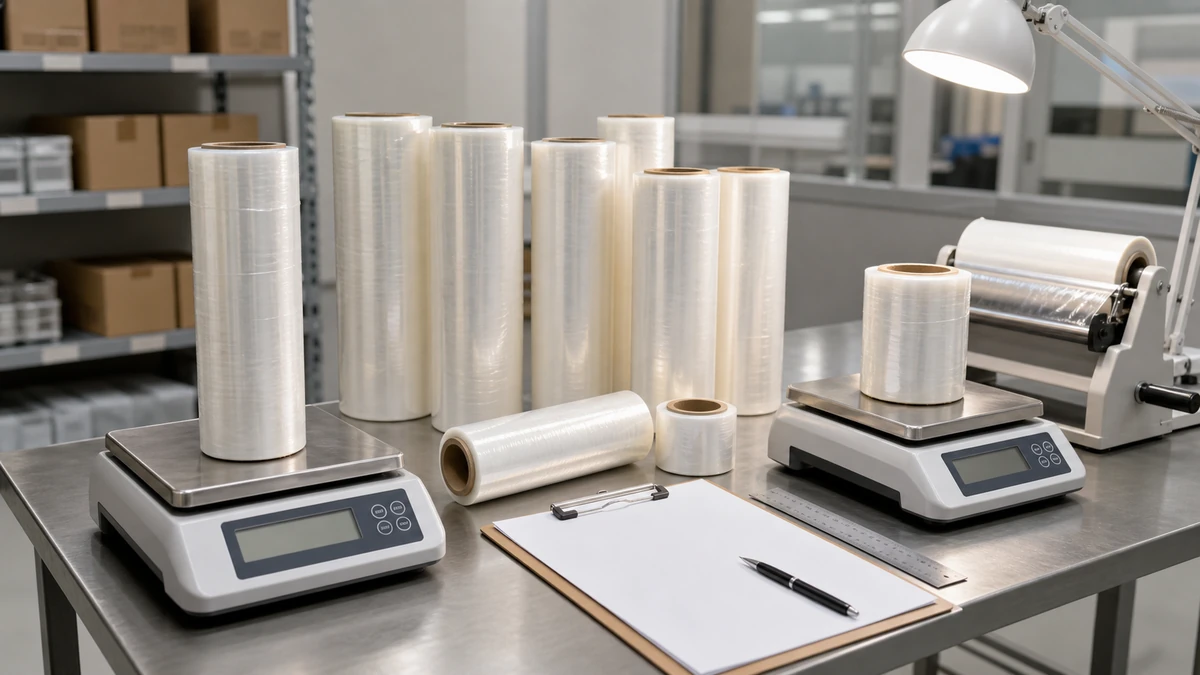 cling film roll length and net film weight verification with scale core and calculation sheet