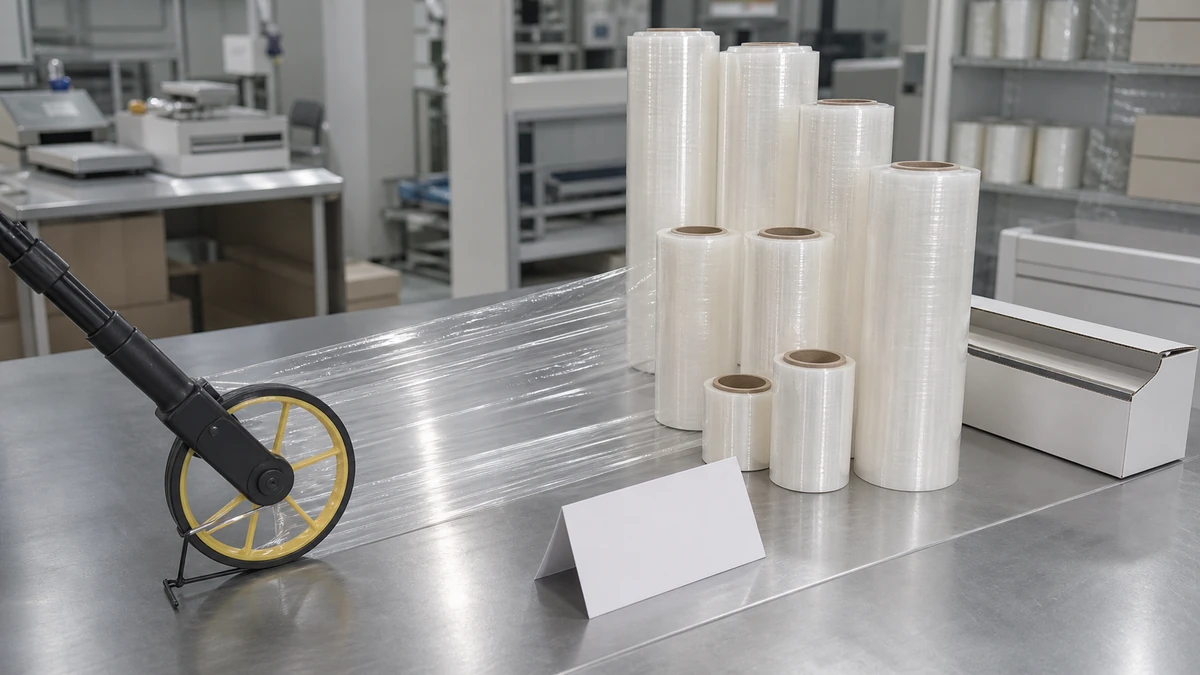 controlled cling film unwind length test with measuring wheel roll label and empty core record