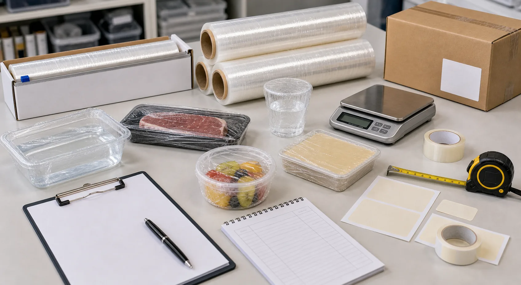 cling film sample testing checklist with cutter box wrapped containers roll label and buyer inspection notes