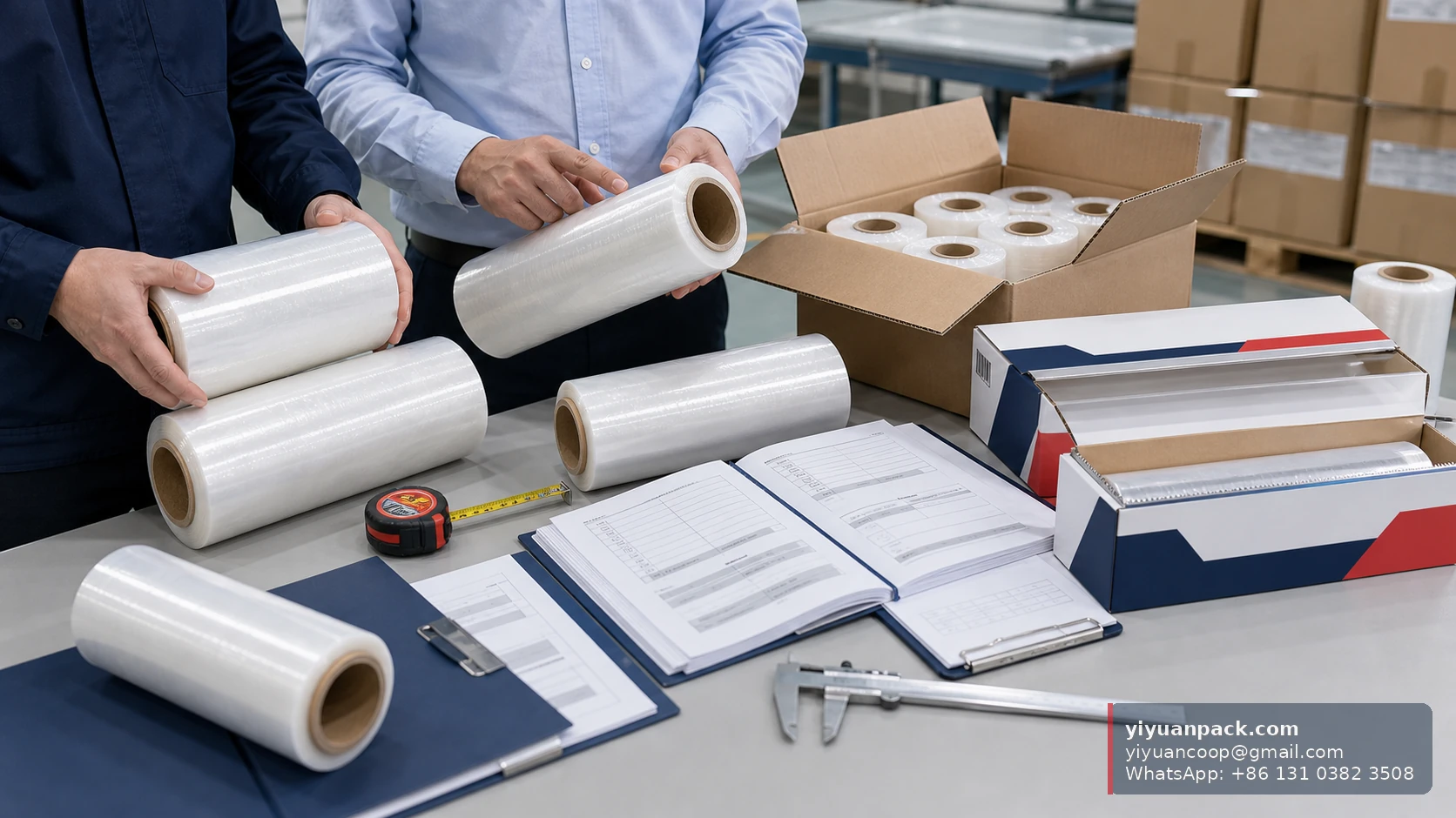 Importer comparing China cling film supplier samples roll size carton packing and specification sheets
