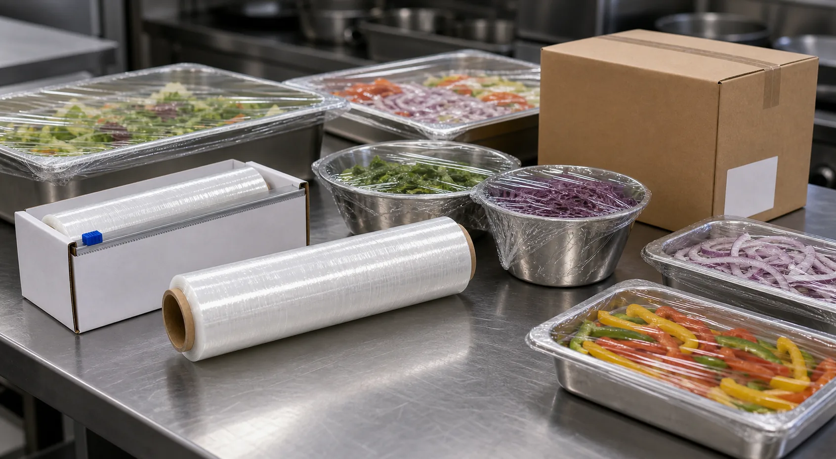 commercial cling film rolls used on restaurant prep table with cutter box wrapped pans bowls and catering trays