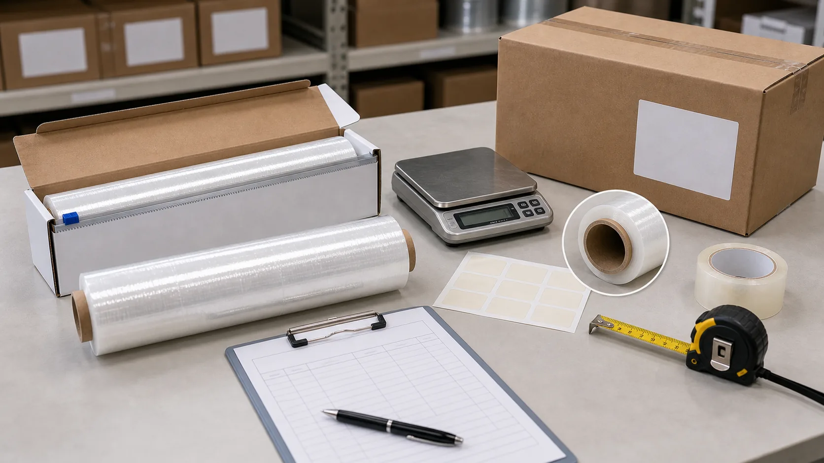 restaurant supply buyer checking commercial cling film cutter box blade refill roll core carton label and SKU sheet