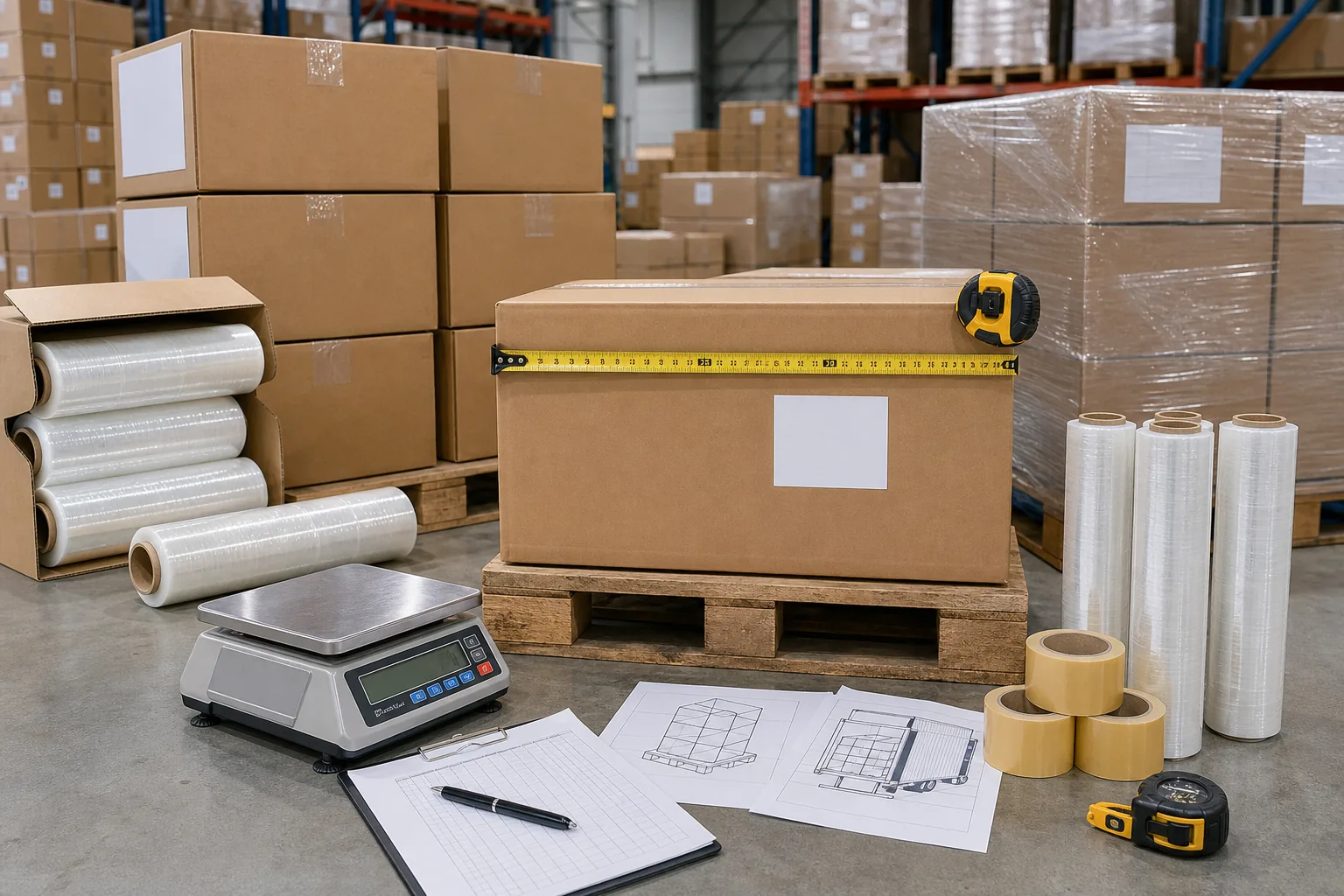 cling film carton packing comparison with pallet measuring tape gross weight scale and loading plan