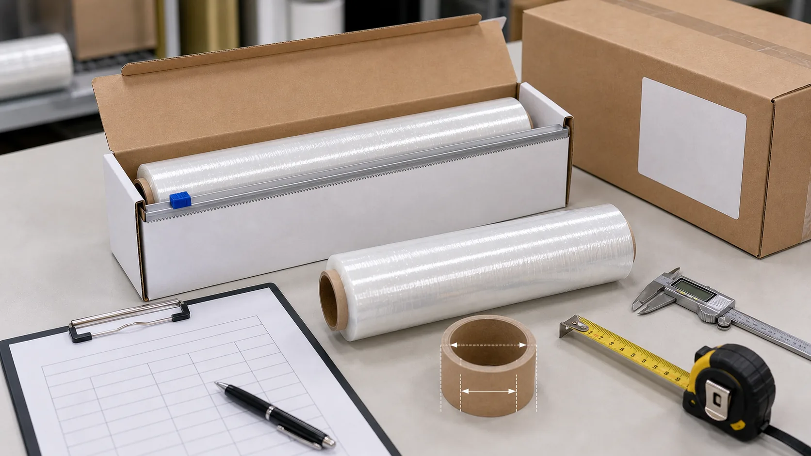 cutter box cling film roll fit check with roll diameter core size pull out opening blade area and carton label