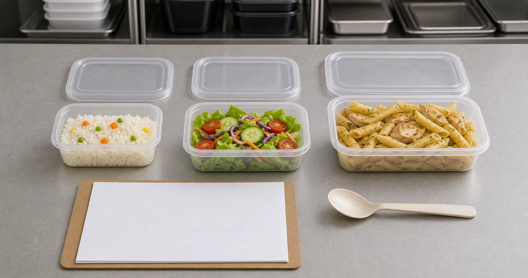 disposable food container size guide with 500ml 750ml 1000ml samples filled with rice salad pasta and portion notes