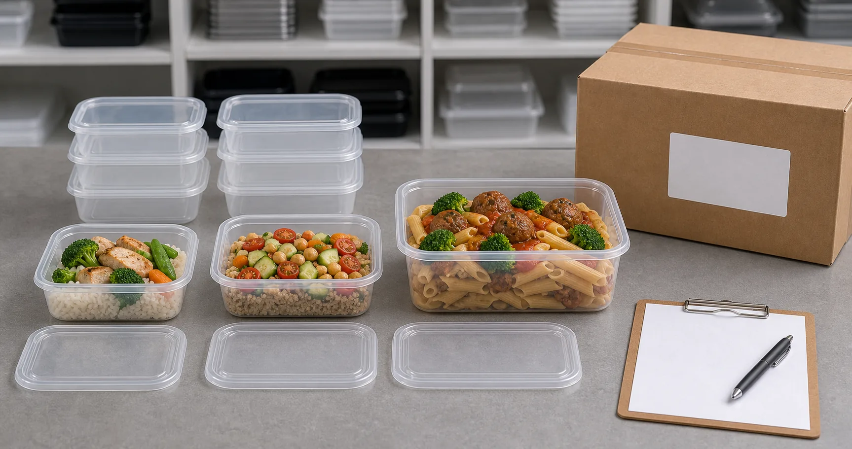 meal prep and takeaway container size testing with filled portions lid height label area stack and carton packing check