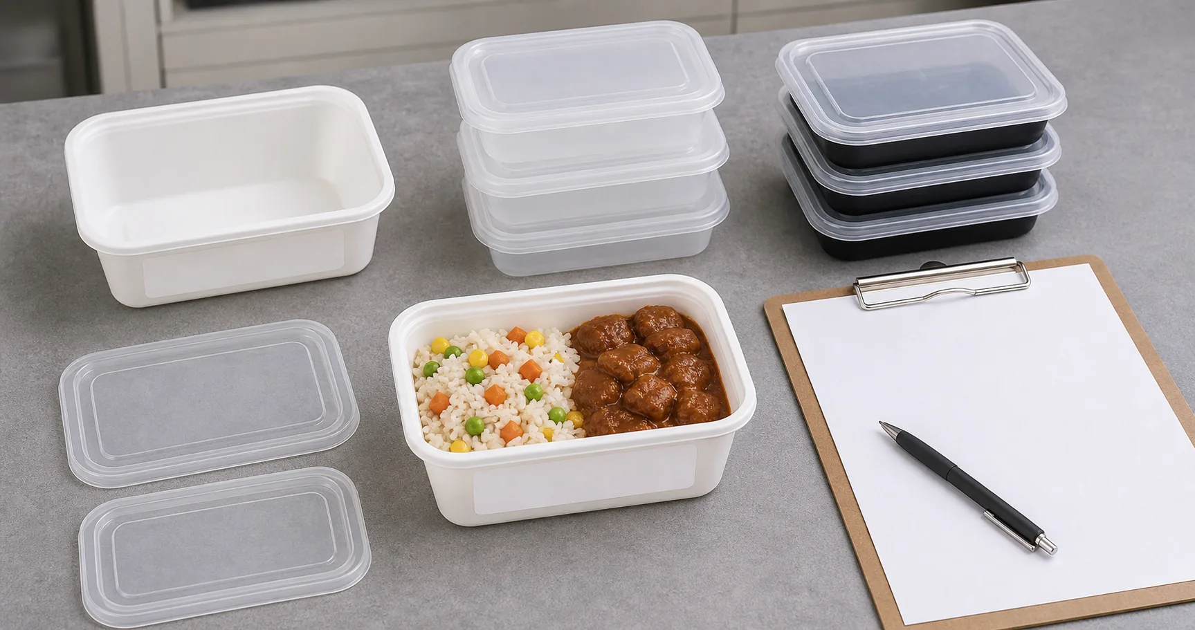 food container sample testing table with base lid meal portion label area stack test and buyer approval sheet