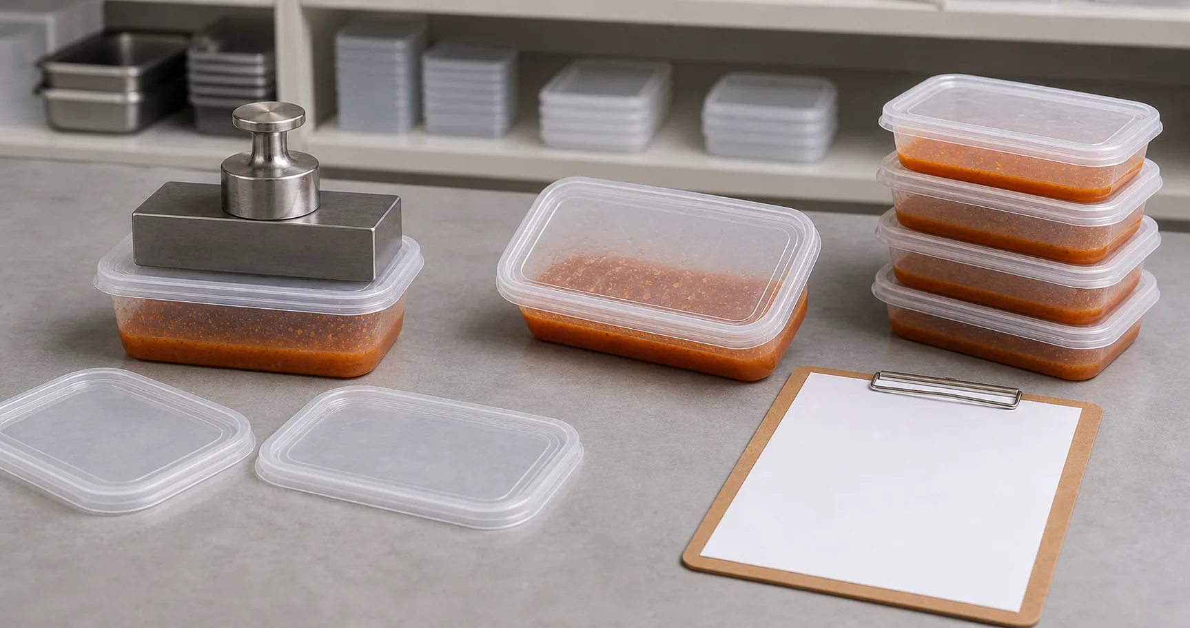 disposable food container lid fit test with snap closure sauce fill tilt check stack pressure and buyer notes