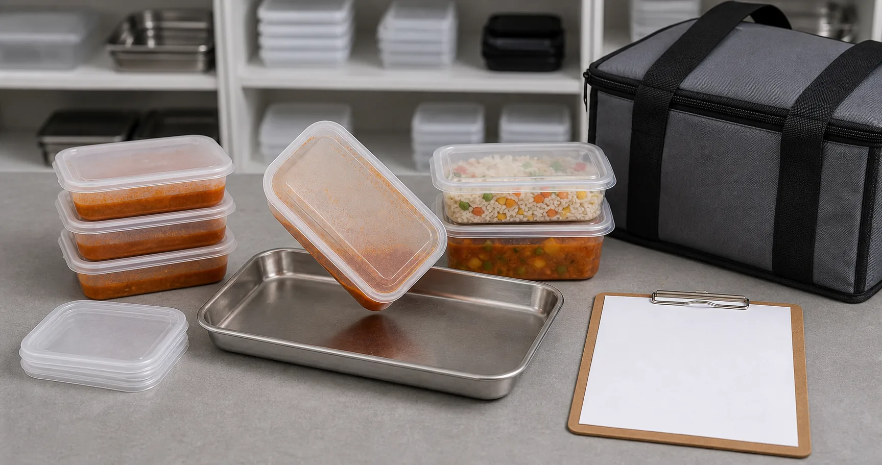 leak resistance test for takeaway food containers with sauce tilt inversion delivery bag and stacked containers