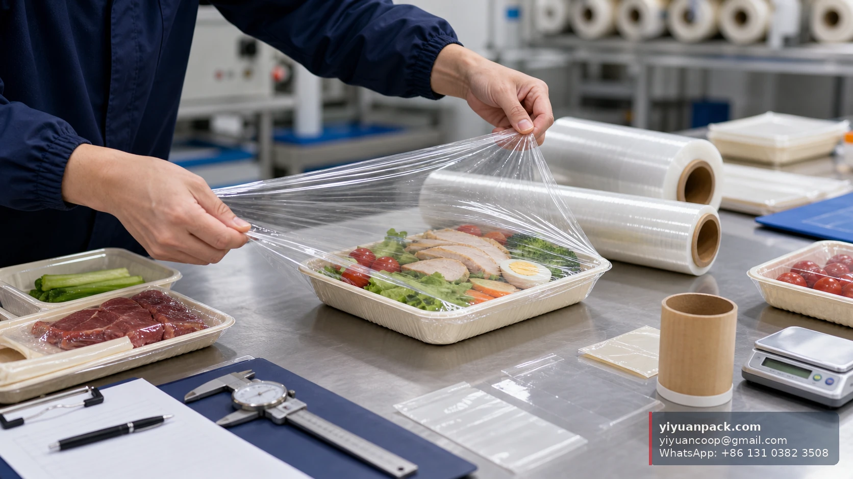 Quality control table comparing PE cling film rolls with width, thickness, and core size checks for import buyers