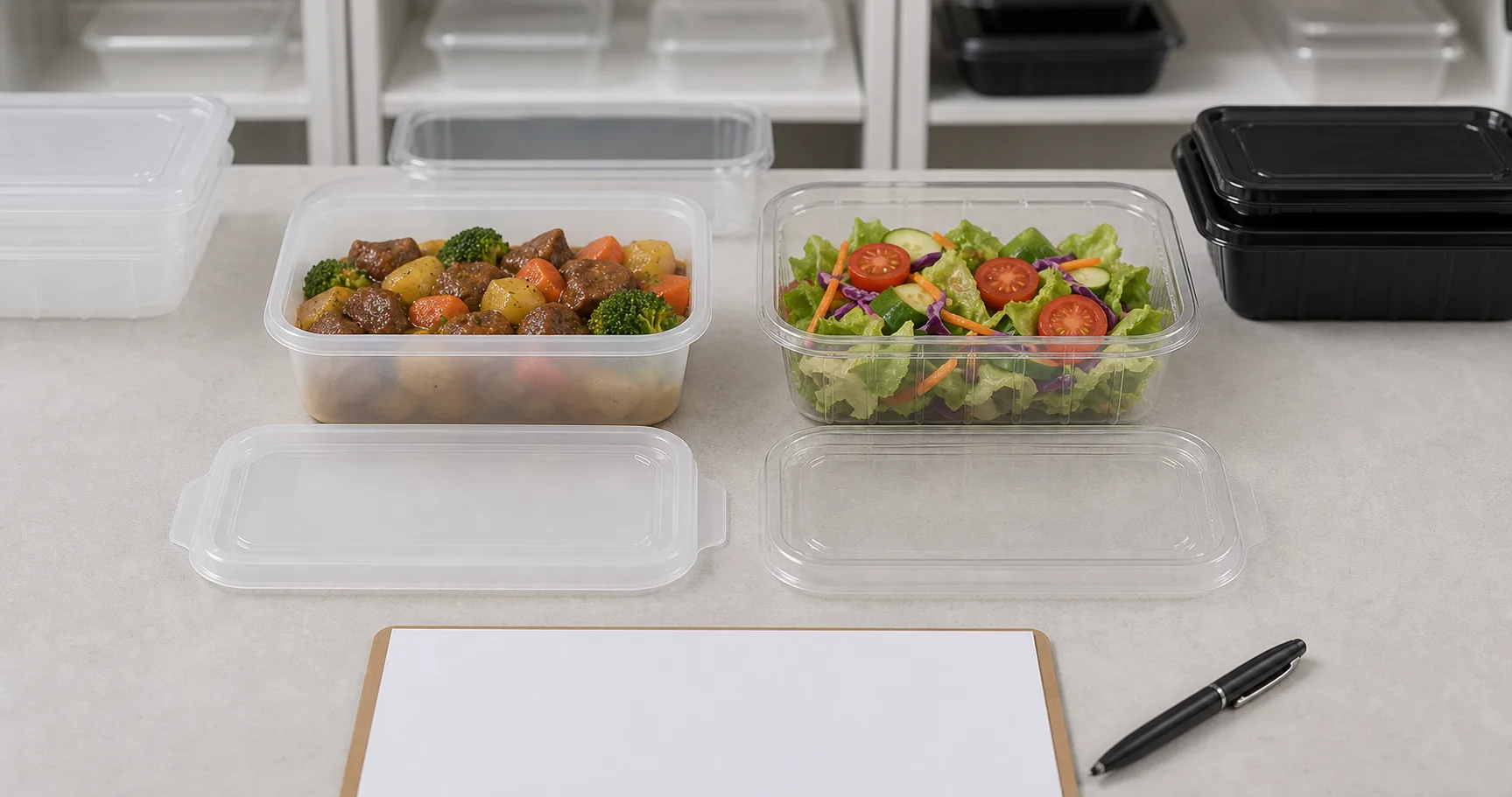 PP and PET food container samples with hot meal cold salad matching lids and buyer material checklist