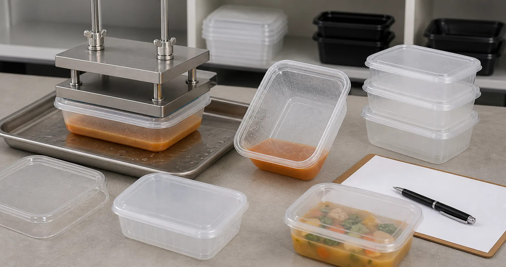 lid fit testing for PP and PET food containers with snap closure sauce tilt stack and label area checks
