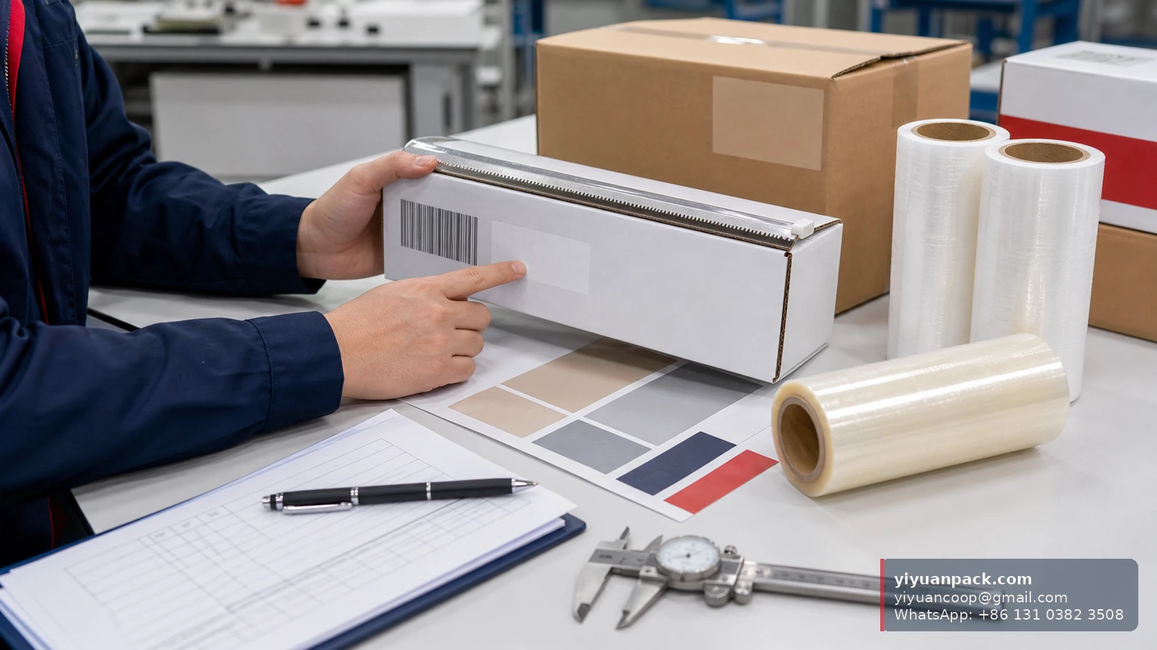 Importer reviewing private label cling film artwork barcode carton marks and cutter box dieline before production