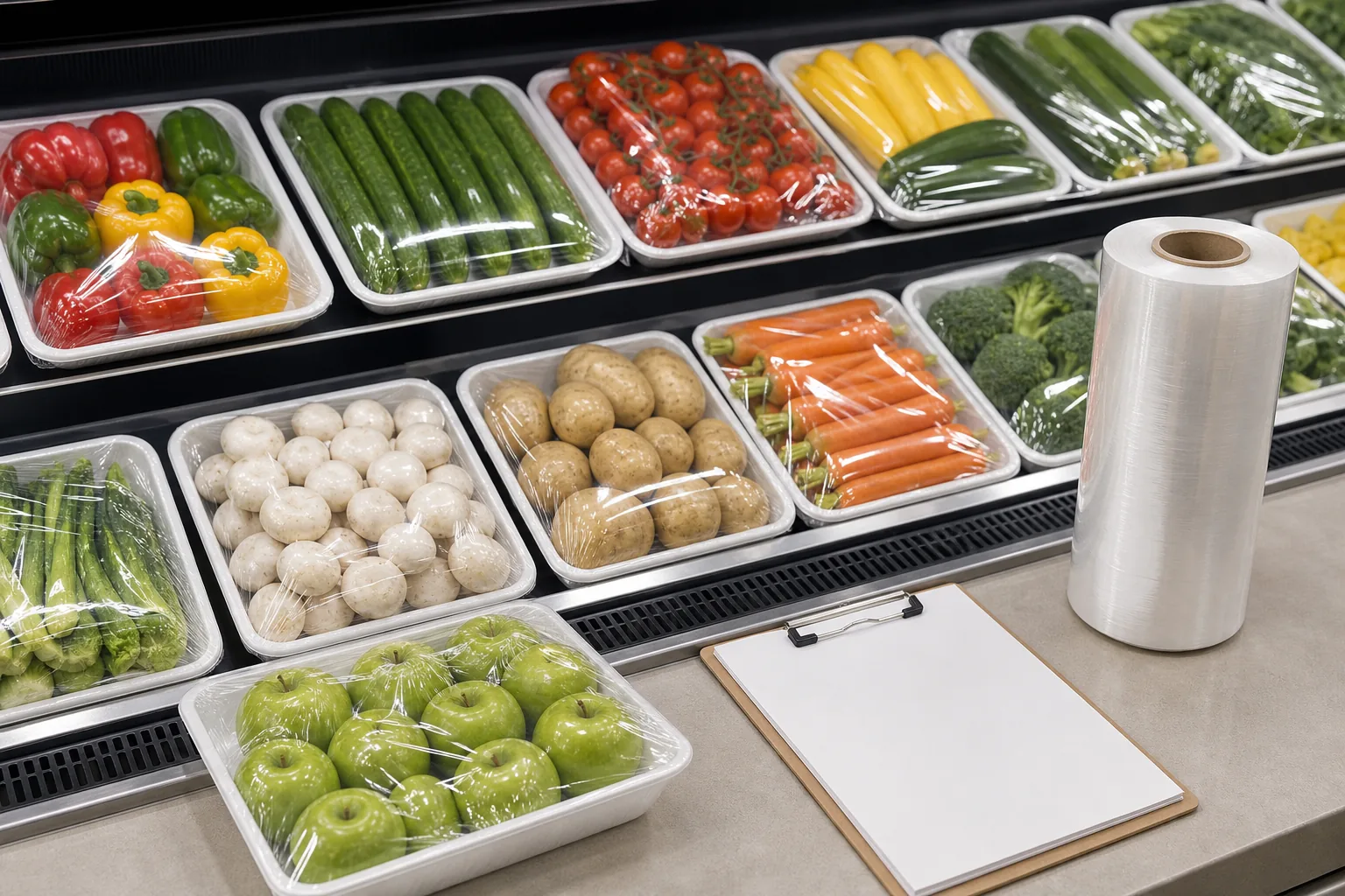 PVC fresh wrap supermarket produce trays under display lighting with roll sample and buyer checklist