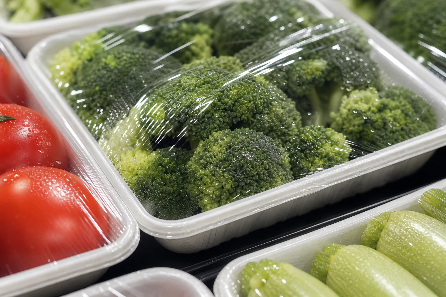 PVC fresh wrap clarity edge hold and moisture check on supermarket fruit and vegetable trays under cold display