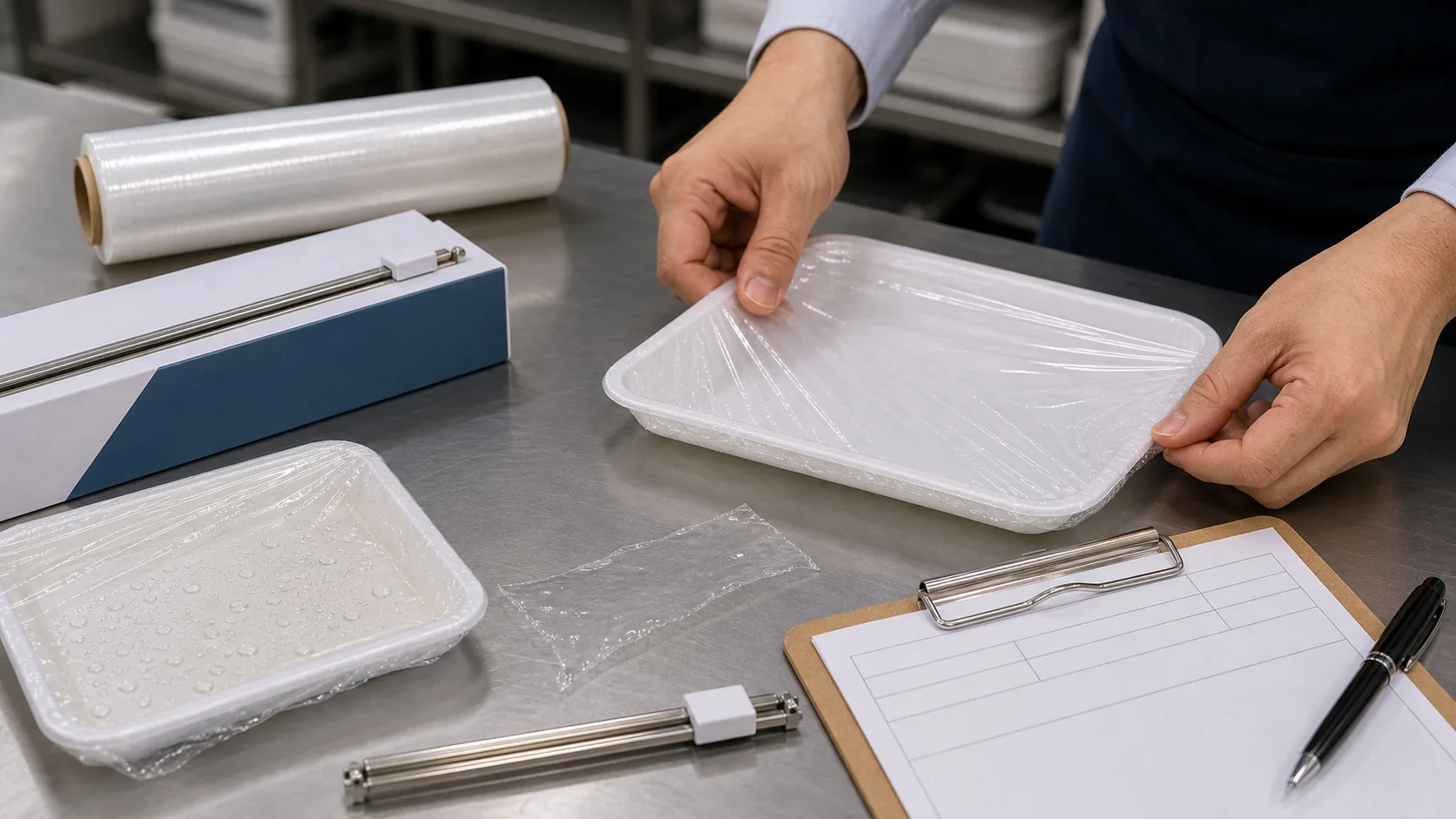 buyer testing cling film tray corner stretch blade cutting moisture edge and approved sample record