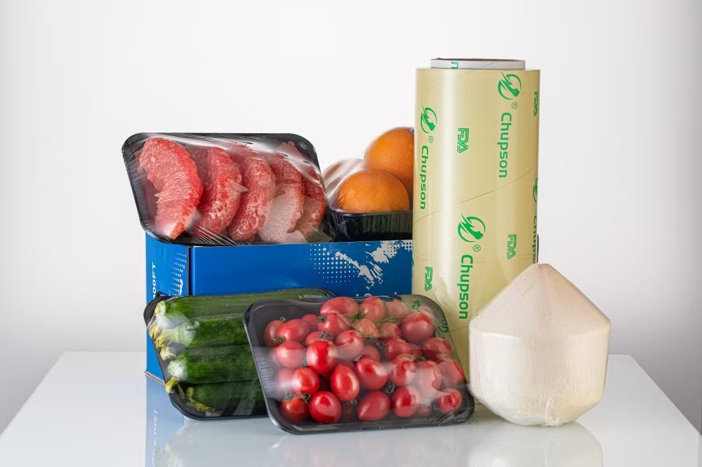 Cling film rolls with wrapped fresh food displays
