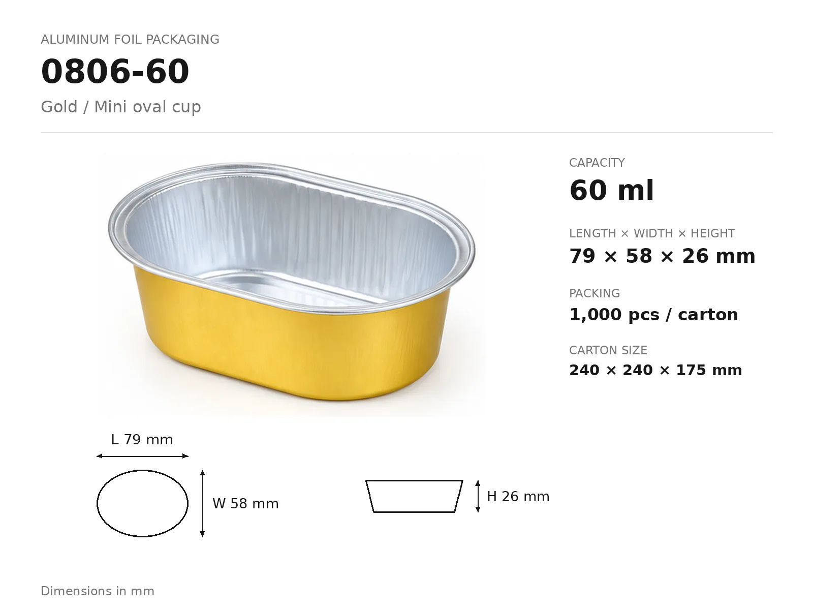 Gold Aluminum Foil Mini Oval Cup 0806-60 (60 ml) dimensions and packing