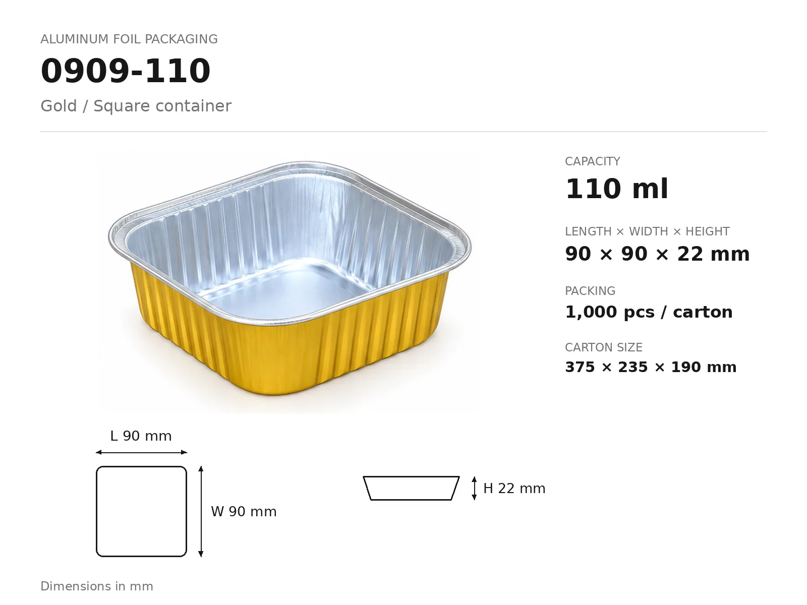 Gold Aluminum Foil Square Container 0909-110 (110 ml) dimensions and packing