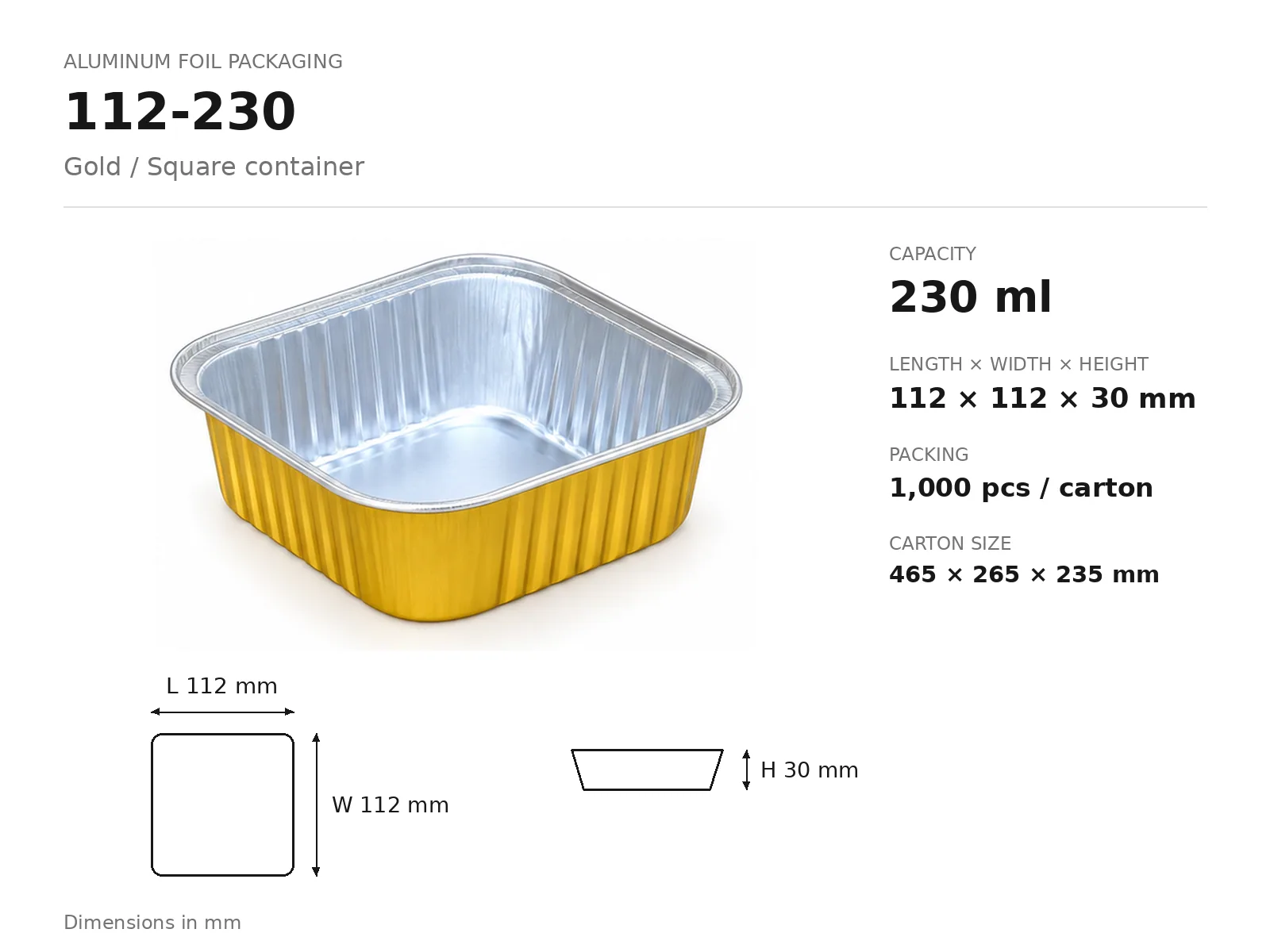 Gold Aluminum Foil Square Container 112-230 (230 ml) dimensions and packing
