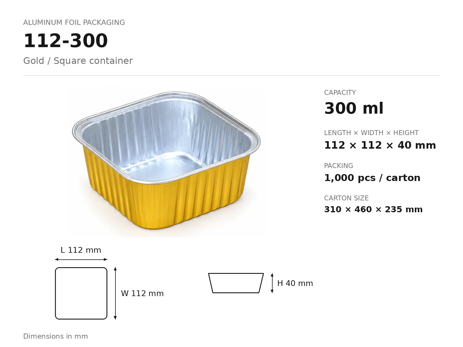 Gold Aluminum Foil Square Container 112-300 (300 ml) dimensions and packing