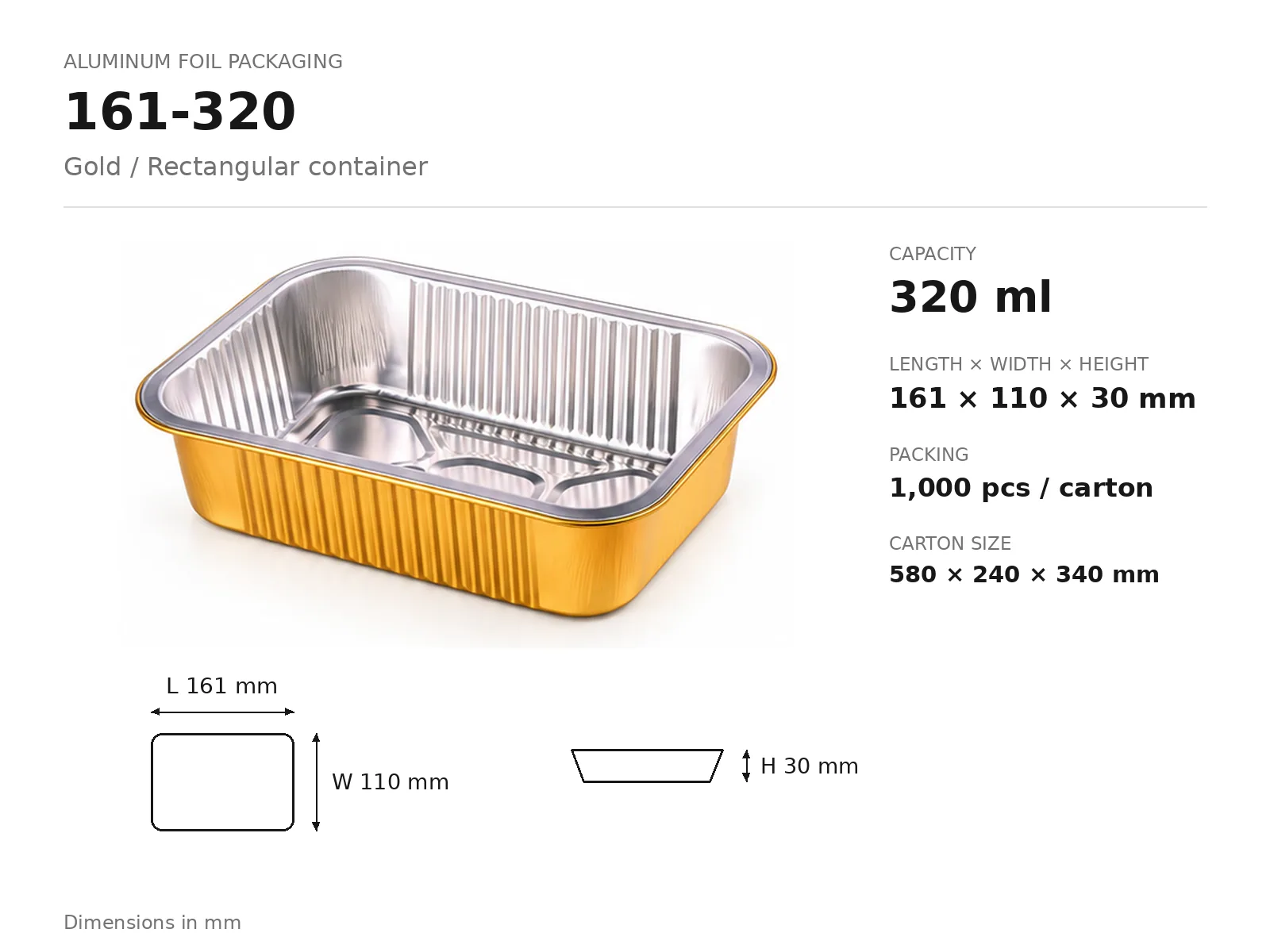 Gold Aluminum Foil Rectangular Container 161-320 (320 ml) dimensions and packing