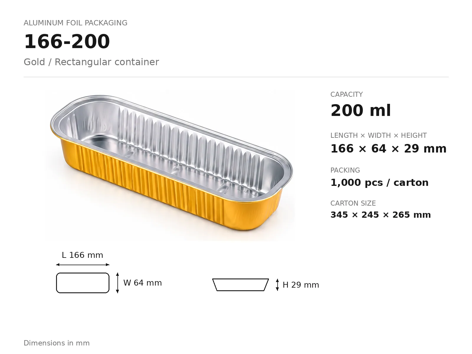 Gold Aluminum Foil Rectangular Container 166-200 (200 ml) dimensions and packing