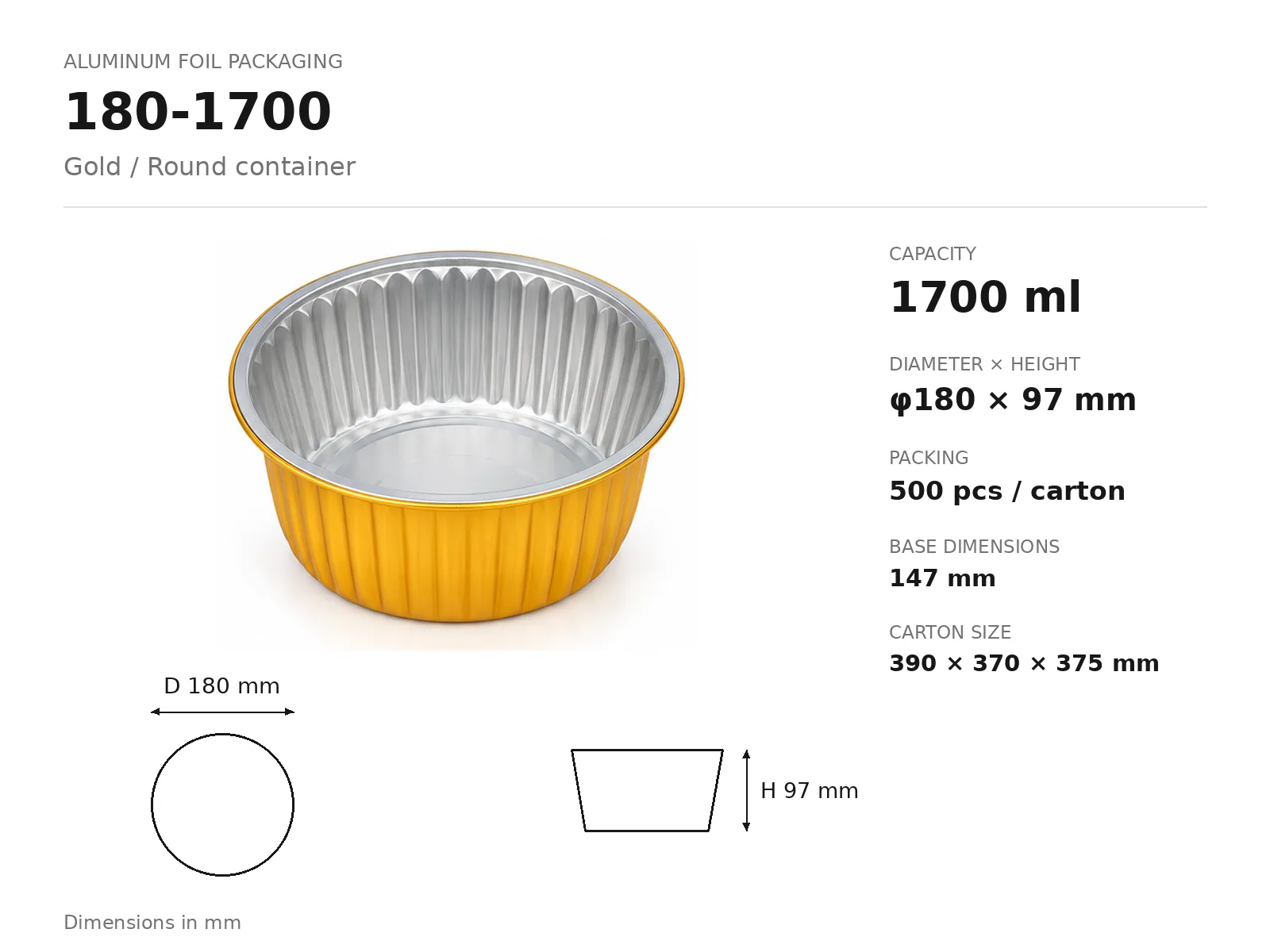 Gold Aluminum Foil Round Container 180-1700 (1700 ml) dimensions and packing