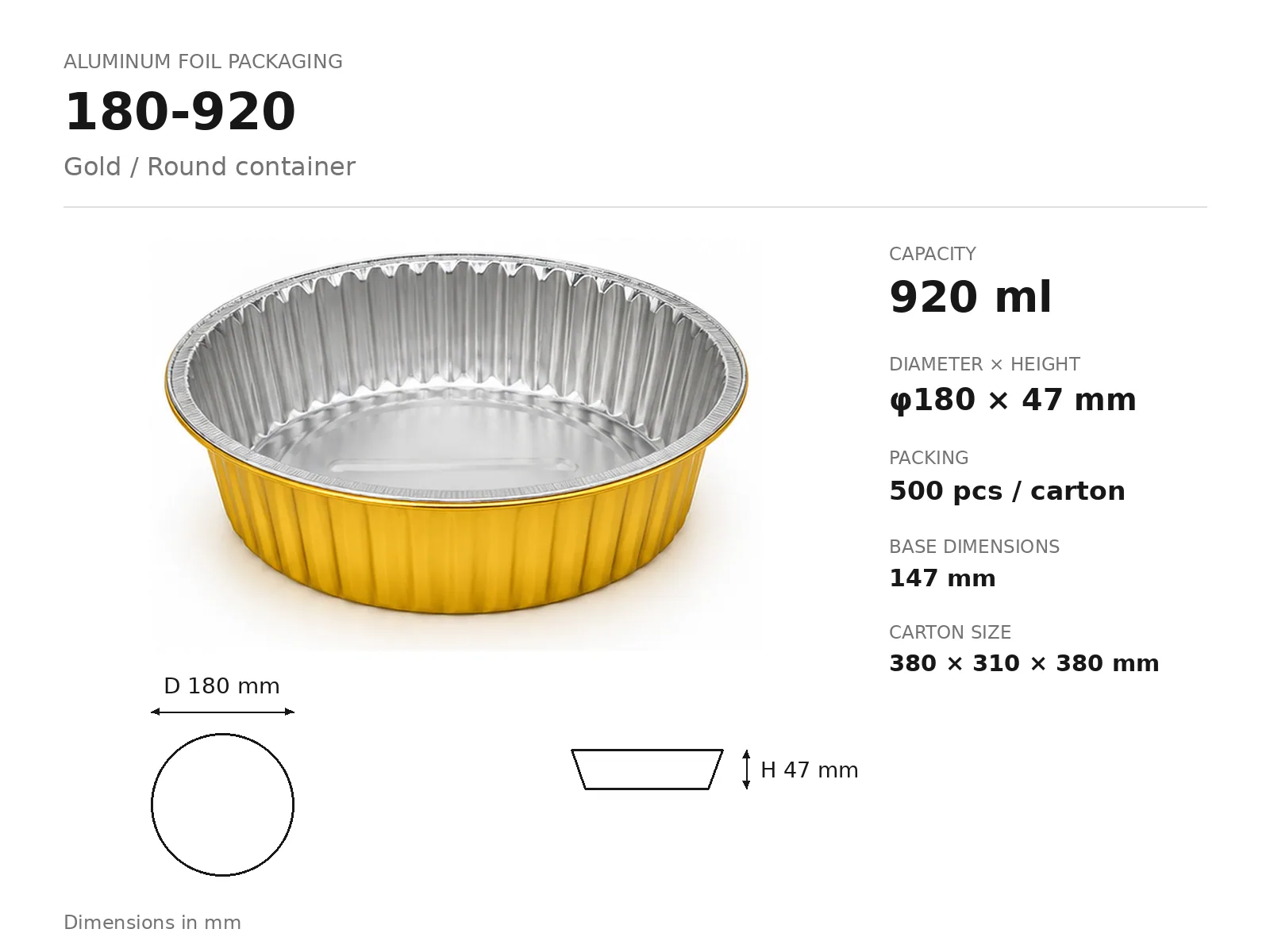 Gold Aluminum Foil Round Container 180-920 (920 ml) dimensions and packing