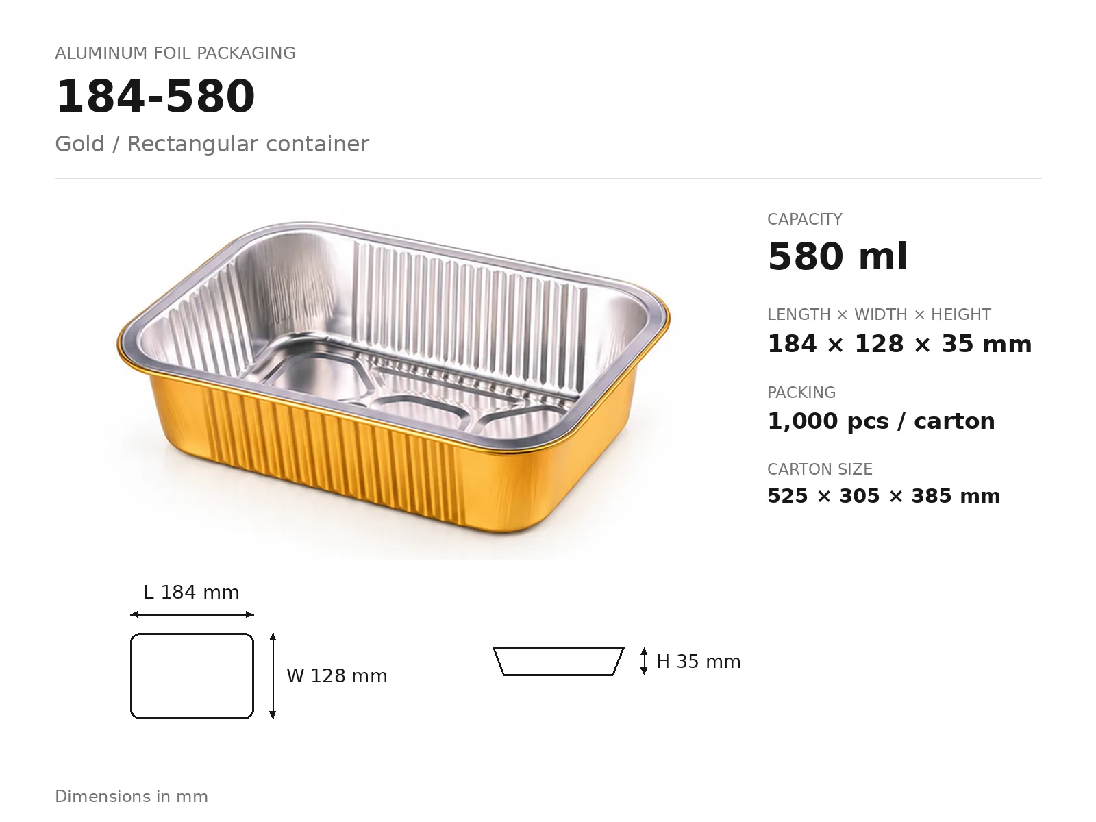 Gold Aluminum Foil Rectangular Container 184-580 (580 ml) — English dimensions and packing