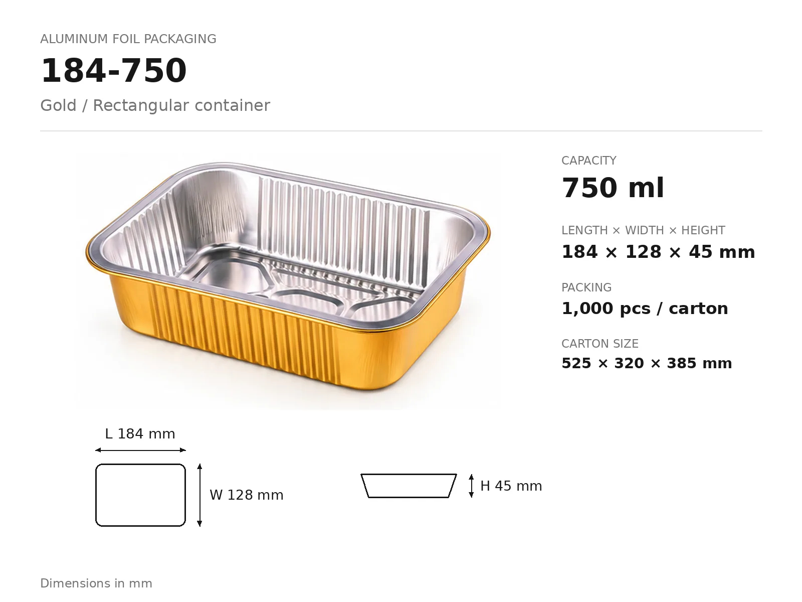 Gold Aluminum Foil Rectangular Container 184-750 (750 ml) dimensions and packing