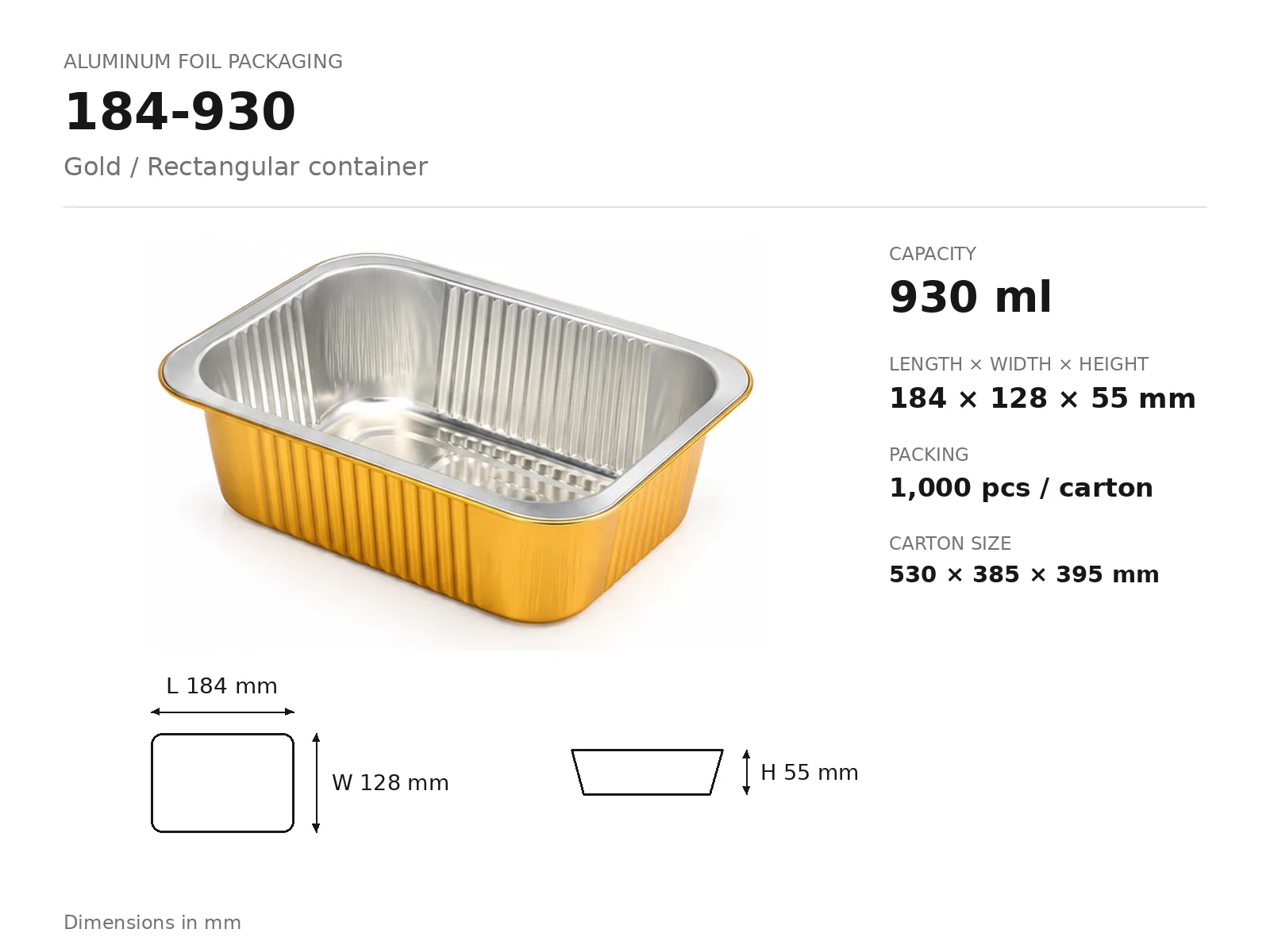 Gold Aluminum Foil Rectangular Container 184-930 (930 ml) dimensions and packing